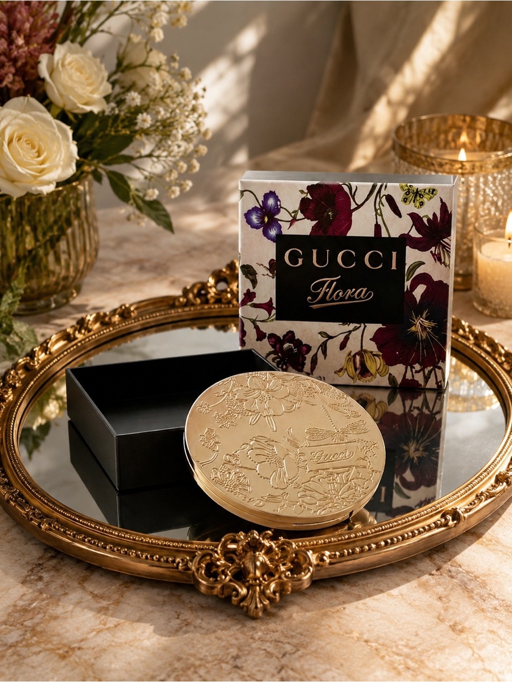 Gucci Flora Gold Embossed Compact Mirror • NEW IN BOX